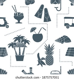 Seamless pattern Travel vector illustration Holiday Vacation Adventure Summer Sea Cruise Tuk-tuk, palm tree, mask, snorkel, flippers, herbal pouches for massage, shell, pineapple, banana, cocktail