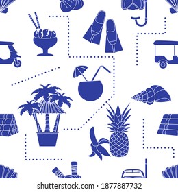 Seamless pattern Travel vector illustration Holiday Vacation Adventure Summer Sea Cruise Tuk-tuk, palm tree, mask, snorkel, flippers, herbal pouches for massage, shell, pineapple, banana, cocktail