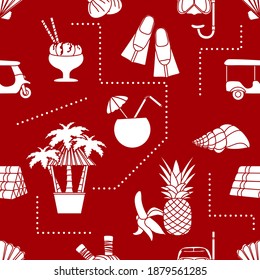Seamless pattern Travel vector illustration Holiday Vacation Adventure Summer Sea Cruise Tuk-tuk, palm tree, mask, snorkel, flippers, herbal pouches for massage, shell, pineapple, banana, cocktail