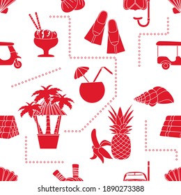 Seamless pattern Travel vector illustration Holiday Vacation Adventure Summer Sea Cruise Tuk-tuk, palm tree, mask, snorkel, flippers, herbal pouches for massage, shell, pineapple, banana, cocktail