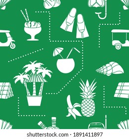 Seamless pattern Travel vector illustration Holiday Vacation Adventure Summer Sea Cruise Tuk-tuk, palm tree, mask, snorkel, flippers, herbal pouches for massage, shell, pineapple, banana, cocktail