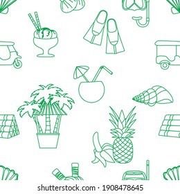 Seamless pattern Travel vector illustration Holiday Vacation Adventure Summer Sea Cruise Tuk-tuk, palm tree, mask, snorkel, flippers, herbal pouches for massage, shell, pineapple, banana, cocktail