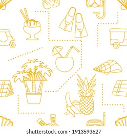 Seamless pattern Travel vector illustration Holiday Vacation Adventure Summer Sea Cruise Tuk-tuk, palm tree, mask, snorkel, flippers, herbal pouches for massage, shell, pineapple, banana, cocktail