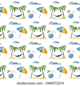 Seamless pattern. Travel vector illustration. Vacation at sea. Summer rest. Holiday. Adventure. Cruise. Cocktail, palm tree, hammock, beach umbrella. Design for print