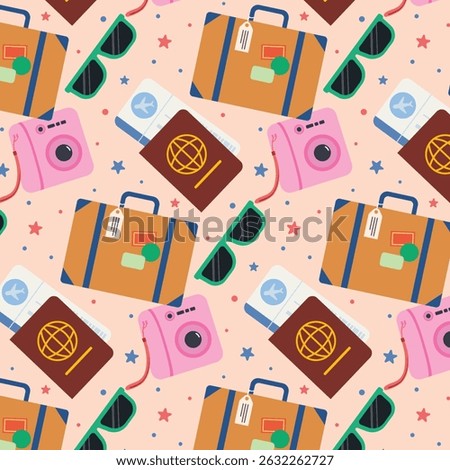 seamless pattern with traveling accessories, Holiday season style.