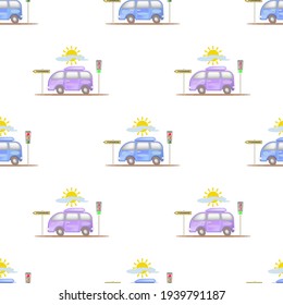 Seamless pattern. Traveling cartoon lilac and blue minivans. Road sign and traffic light. Sun, cloud on a white background