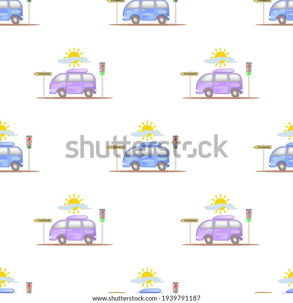 Seamless\
pattern. Traveling cartoon lilac and blue minivans. Road sign and\
traffic light. Sun, cloud on a white\
background