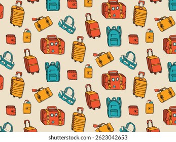 Seamless pattern of traveling luggage hand drawn vector doodles in flat style. Collection icons of various travel bags of different shapes and styles for trips