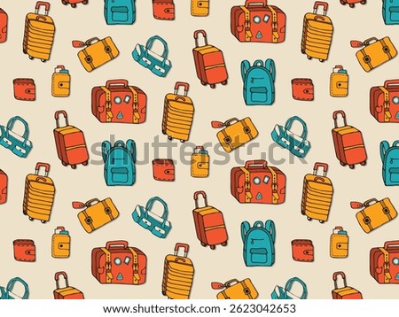 Seamless pattern of traveling luggage hand drawn vector doodles in flat style. Collection icons of various travel bags of different shapes and styles for trips