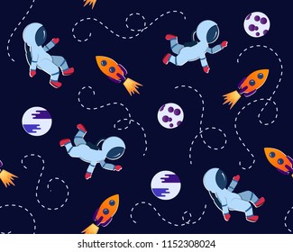 Seamless pattern with travelling astronauts, rocket, planets and falling stars. Kids pattern. Perfect for prints for kids room, children textile, clothes, children stores, wallpaper, wrapping paper