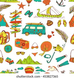 Seamless pattern with travelling symbols in doodle style. Hand drawn vector illustration. Summer elements big collection for print and posters.