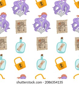 Seamless pattern with treasure map, octopus and note in a bottle in cartoon style.