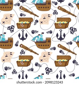 seamless pattern with treasure map, quest, chest, spyglass, anchor, pirate skull and bones
