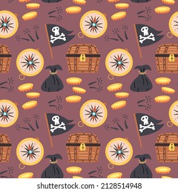 Seamless pattern treasure pirate compass coins flag skull. Doodle Hand drawn nursery baby scandinavian style kids digital textile fabric paper