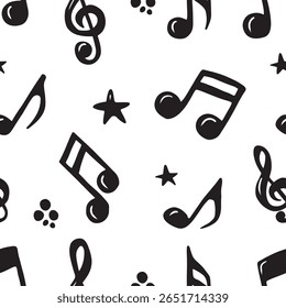 Seamless pattern with treble clef and musical notes in black on white background. Hand drawn vector sketch illustration in doodle vintage line art style. Music creation, silhouette drawing, texture