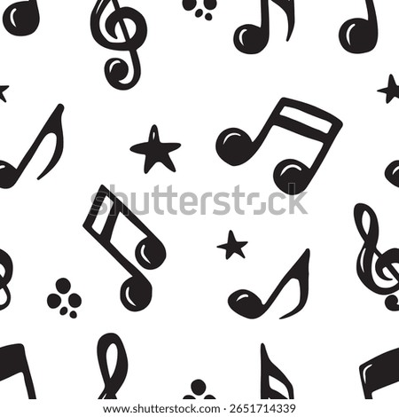 Seamless pattern with treble clef and musical notes in black on white background. Hand drawn vector sketch illustration in doodle vintage line art style. Music creation, silhouette drawing, texture