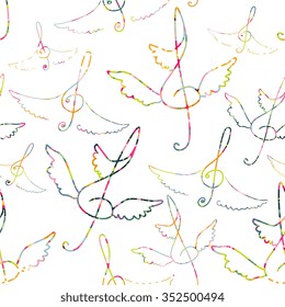 Seamless pattern of treble clef with wings. Colorful ornamental lines. Vector illustration.
