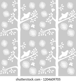 Seamless pattern with tree, bird, leaves and flowers