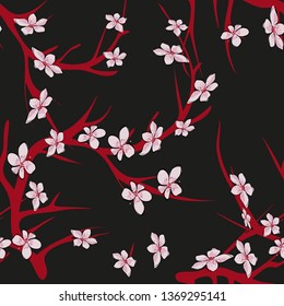Seamless pattern with tree branch blossom on black background