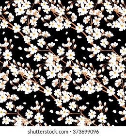Seamless pattern with tree branch blossom on black background