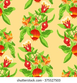 Seamless pattern tree branch with blossoming pomegranate fruits on peach background