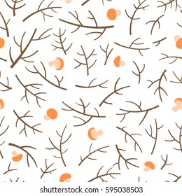 Seamless pattern with tree branch and mushrooms over white background. Vector illustration