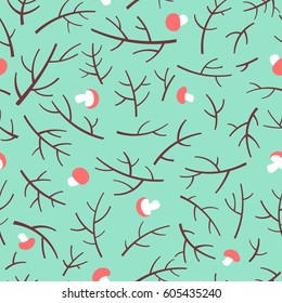 Seamless pattern with tree branch and mushrooms over green background. Vector illustration