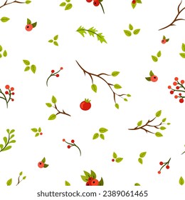 Seamless pattern with tree branches and berries. Floral design for wrapping paper, wall paper, textile, fabric.