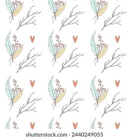  Seamless pattern with tree branches and bird feathers. Spring pattern. Doodle pattern style. Illustration drawn by hand