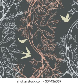 Seamless pattern with tree branches and birds