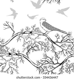 Seamless pattern with tree branches and birds, monochrome
