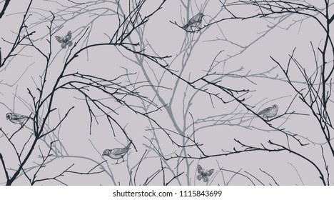 Seamless pattern with tree branches, butterflies and forest birds. Vector illustration art. Natural design for textiles, paper, wallpapers. Black on pastel background.