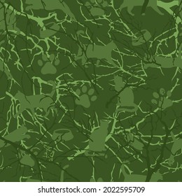 
Seamless pattern of tree branches with domestic animals, pets. Vector. Forest pattern.