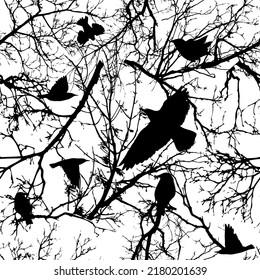 Seamless pattern of tree branches and flying birds. Vector illustration