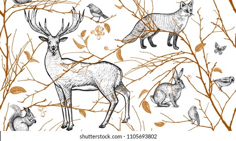 Seamless pattern with tree branches, forest animals and birds. Deer, fox, hare, squirrel. Vector illustration art. Natural design for fabrics, textiles, paper, wallpapers. Gold black, white. Vintage.