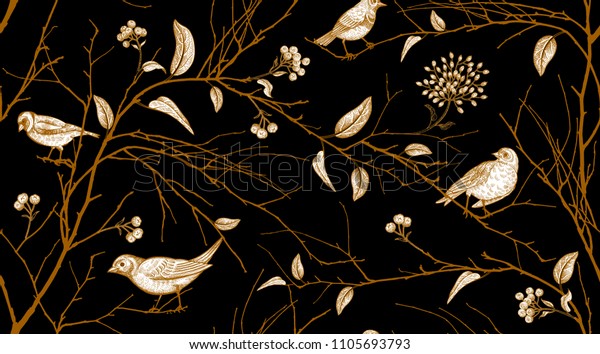 Seamless pattern with tree branches and forest birds. Vector illustration art. Natural design for textiles, paper, wallpapers. Print of gold foil on black background.
