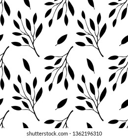 Seamless pattern with tree branches, leaves. Black silhouettes on white background