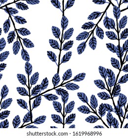 Seamless pattern with tree branches and leaves. Classic blue color. Simple flat botanical illustration. Tropical floral doodle style. For post cards, wallpaper, textile and wrapping paper. 