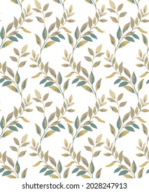 Seamless pattern tree branches with leaves scandinavian style art design element flat vector illustration botanical yellow winter leaves pattern on white background.