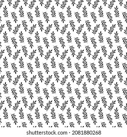 Seamless pattern of tree branches with leaves. Black and white vector illustration.