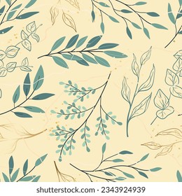 Seamless pattern of tree branches, leaves in line art. Abstract leaf, brush, splash of paint. Decorative plant, grunge texture. Hand drawn vector illustration for wallpaper, wrapping paper, fabric
