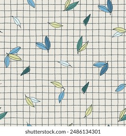 Seamless pattern with tree branches and leaves for textile design, home decor, social media, posters against a thin checkered background. modern trend drawing in line art style