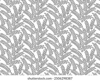 Seamless pattern of tree branches with leaves, plant on transparent background. Decorative Elements for Decoration. Hand drawing doodles of vector botanical elements.  Line art. Outline sketch draw
