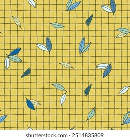 Seamless pattern with tree branches and leaves for textile design, home decor, social media, posters against a thin checkered background. modern trend drawing in line art style