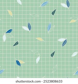 Seamless pattern with tree branches and leaves for textile design, home decor, social media, posters against a thin checkered background. modern trend drawing in line art style