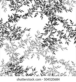 seamless pattern with tree branches with leaves, nature background with bamboo shoots, hand drawn vector illustration, forest ornament