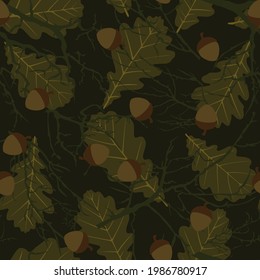 Seamless pattern with tree branches, oak leaves, acorns. Hunting print for clothing. Vector.