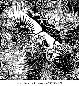 Seamless pattern with tree branches and palm leaves, monochrome