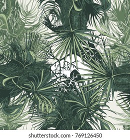 Seamless pattern with tree branches and palm leaves