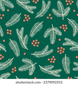Seamless Pattern with Tree Branches and Red Berries. Christmas Tree Branches Background. Xmas Wallpaper. Winter Holiday Design for Prints, Surface, Home Decoration, Fabric. Vector Illustration. 